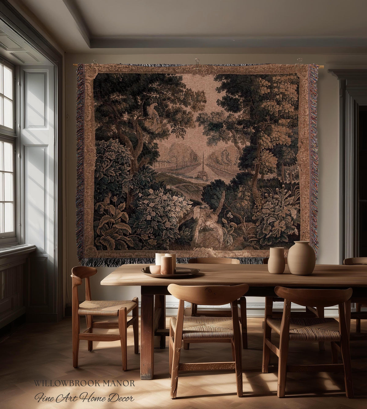 Elegant Rustic Rococo Old World Botanical Forest Tapestry Woven Woodland Scene Art | Heritage Pastoral Belgian Tapestry Classical Wall Decor
