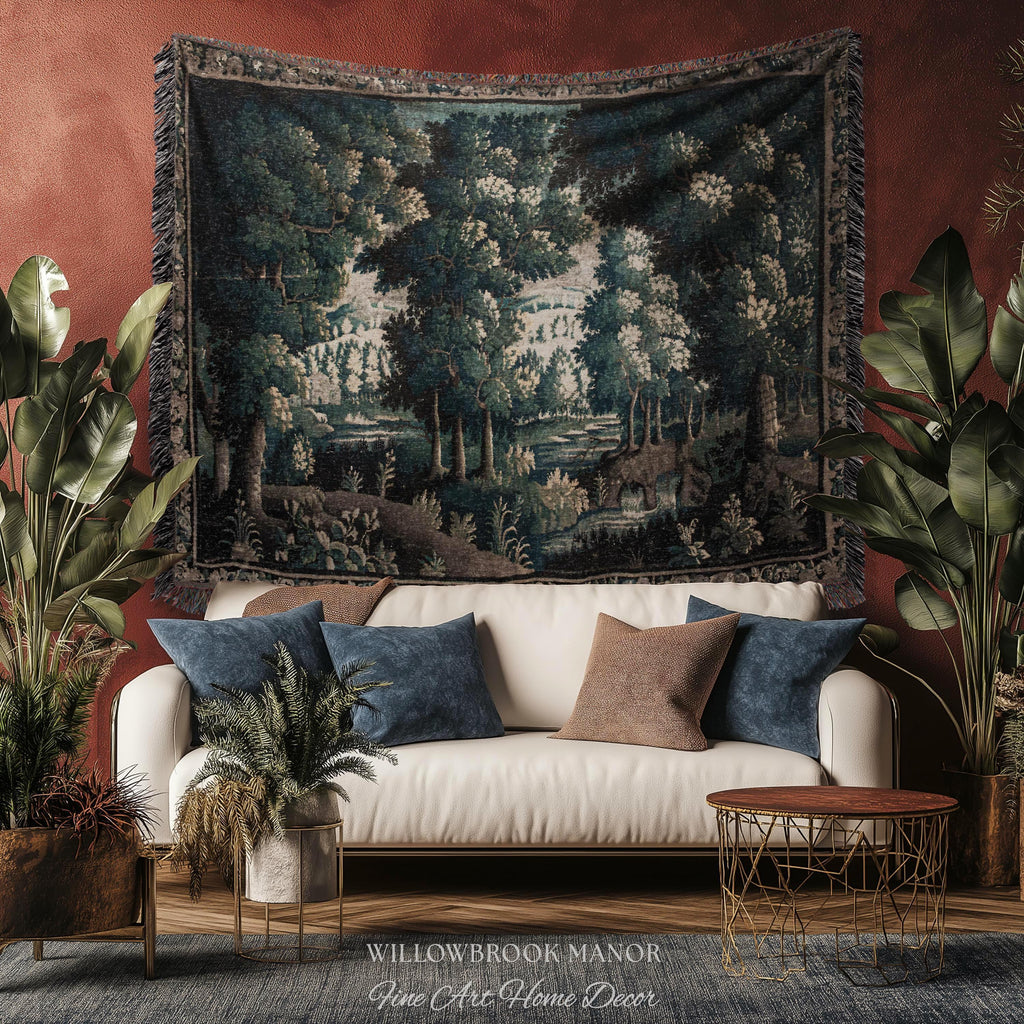 17th Century French Verdure Woodland Tapestry Throw Woven Forest River Landscape Textile Art | Aubusson Style Antique Country Manor Wall Art