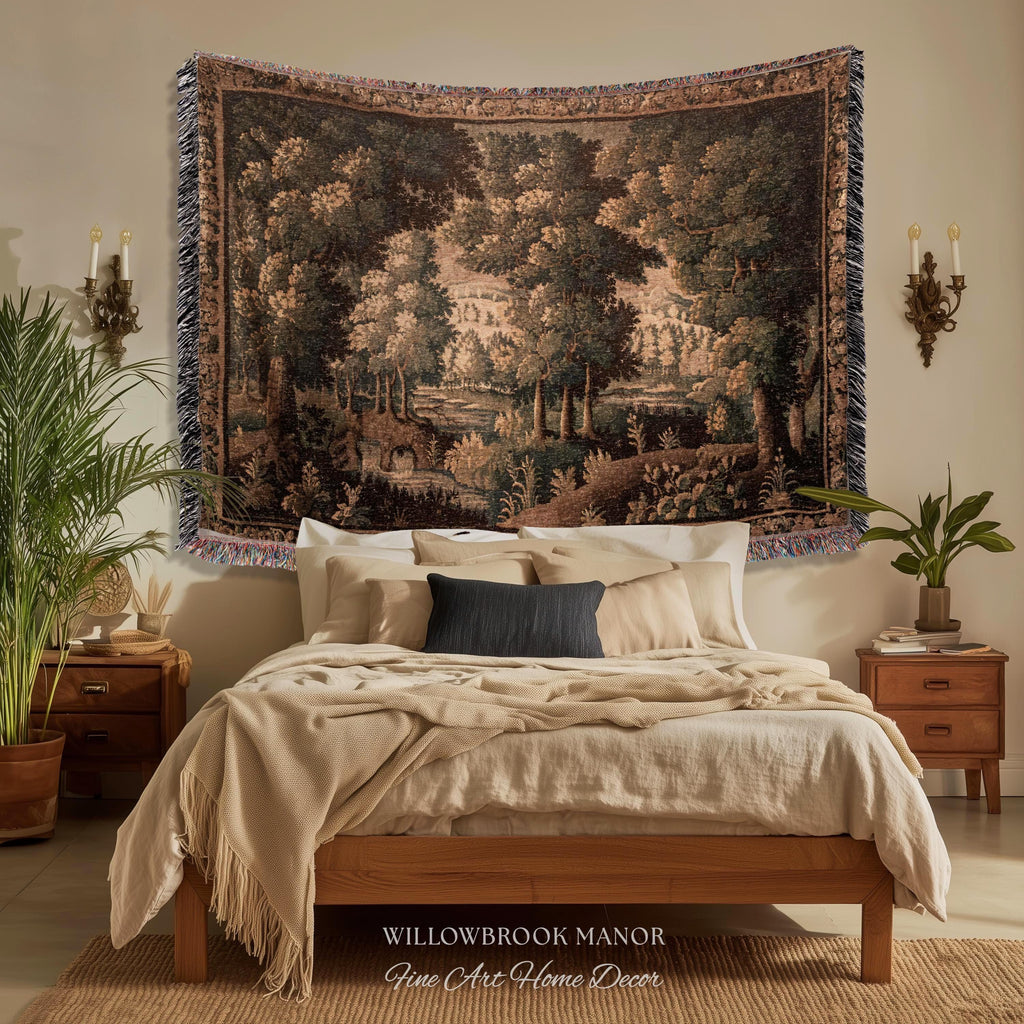 Rural Landscape French Jacquard Woven Throw Warm Earth Tone Verdure Blanket, Traditional Historic Forest Scene Textile Rustic Antique Decor