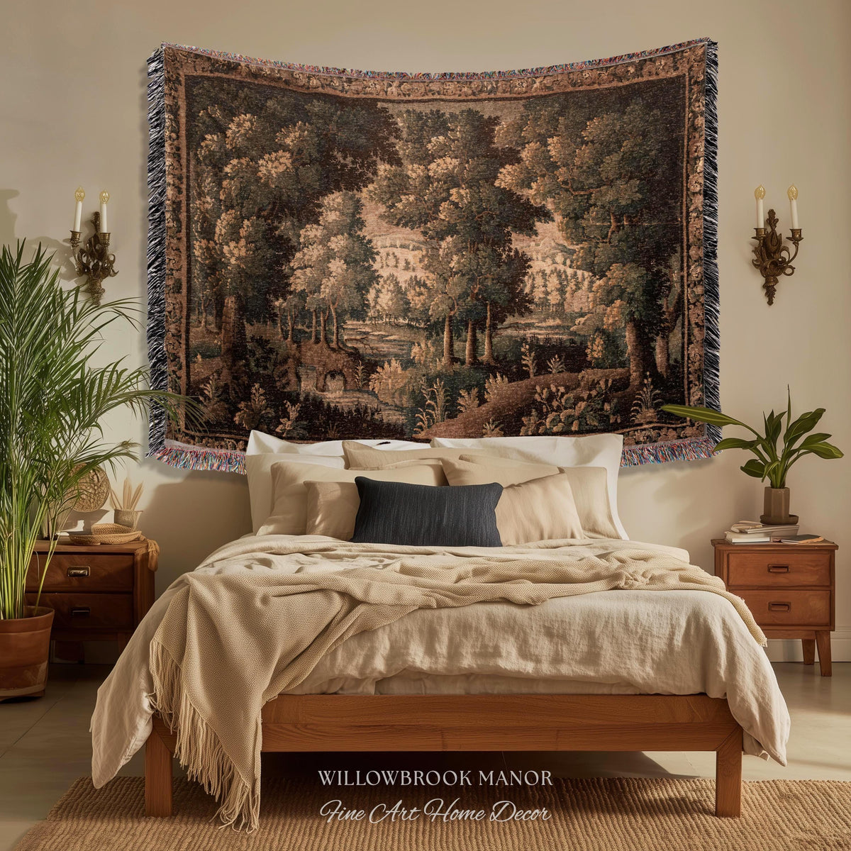 Rural Landscape French Jacquard Woven Throw Warm Earth Tone Verdure Blanket, Traditional Historic Forest Scene Textile Rustic Antique Decor