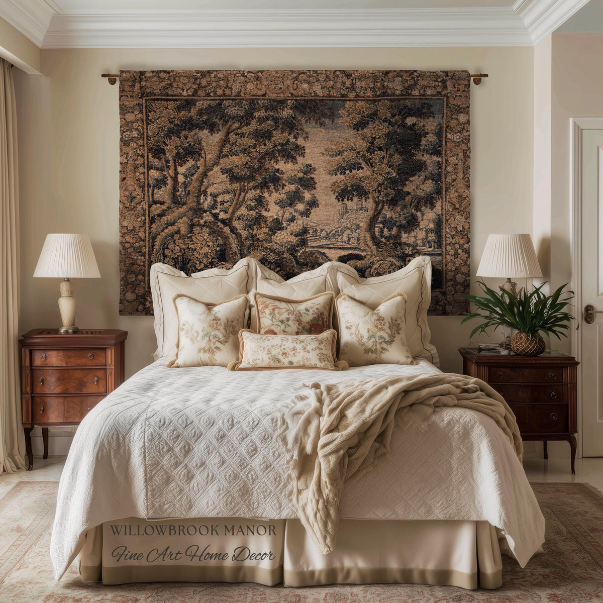 Classical Elegance Verdure Countryside Scenic Wall Hanging Jacquard Woven Throw | Old World Textile Ornate Pastoral Rustic Nostalgia Decor
