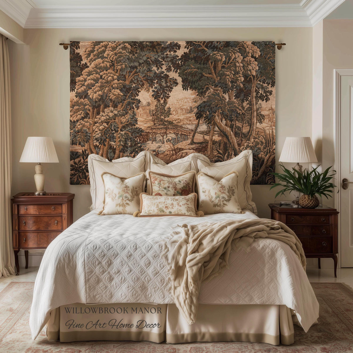 Jacquard French Pastoral Scenic Wall Tapestry Woven Rustic River Art | Classical Home Decor Vintage Verdure Heron Bird Nature Wall Hanging