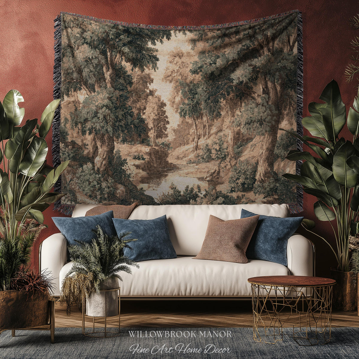 French Verdure Forest Tapestry Woven Wall Hanging Pastoral Landscape Bedroom Art | Romantic European Woodland Heritage Textile Cotton Throw