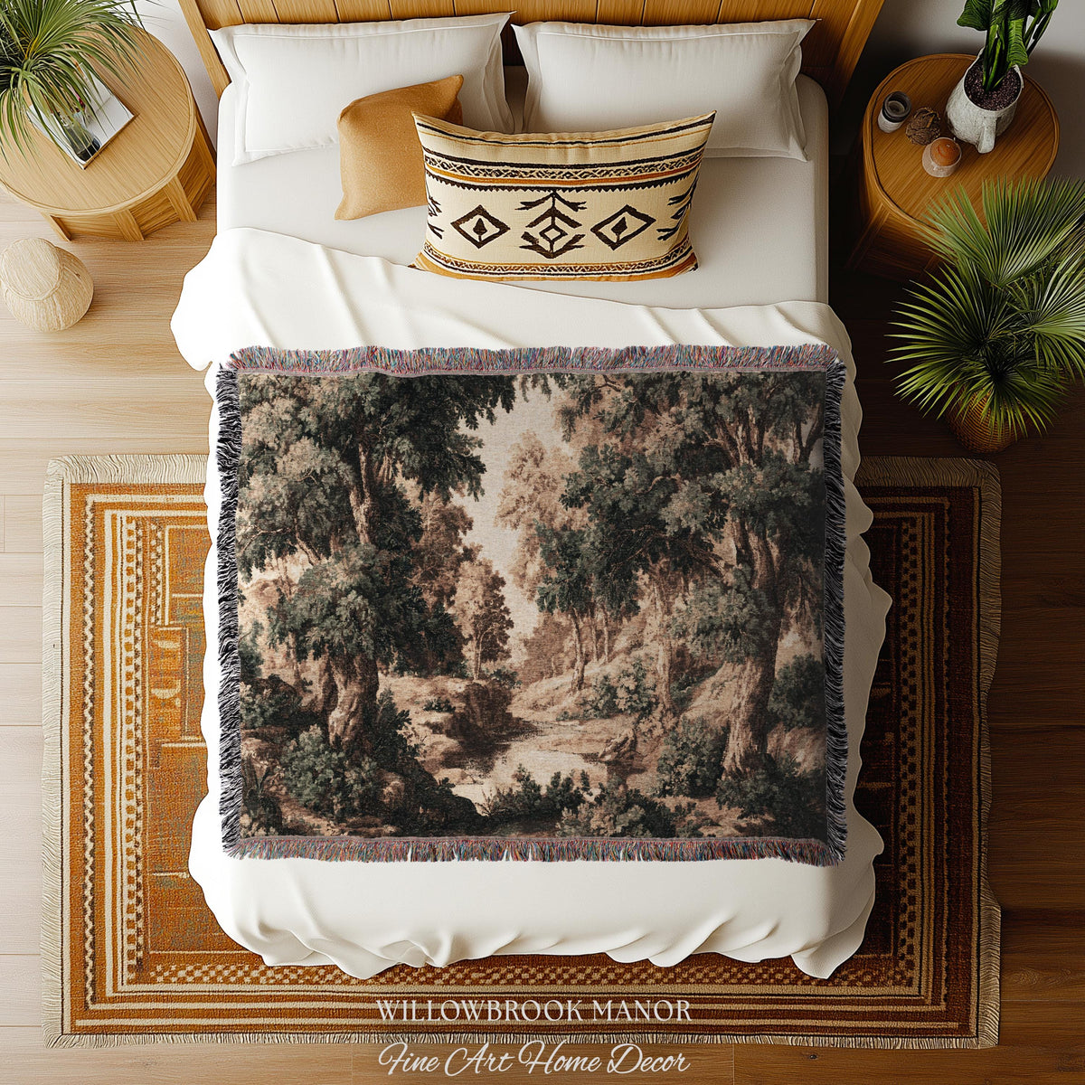 French Verdure Forest Tapestry Woven Wall Hanging Pastoral Landscape Bedroom Art | Romantic European Woodland Heritage Textile Cotton Throw