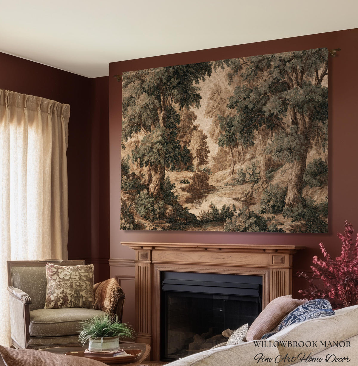 French Verdure Forest Tapestry Woven Wall Hanging Pastoral Landscape Bedroom Art | Romantic European Woodland Heritage Textile Cotton Throw