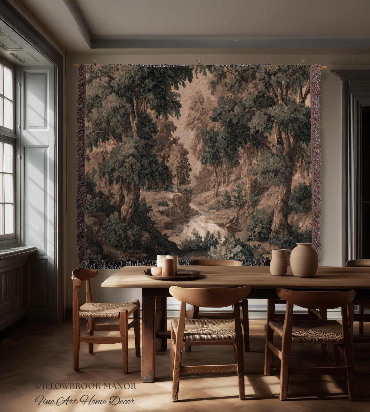 French Verdure Forest Tapestry Woven Wall Hanging Pastoral Landscape Bedroom Art | Romantic European Woodland Heritage Textile Cotton Throw