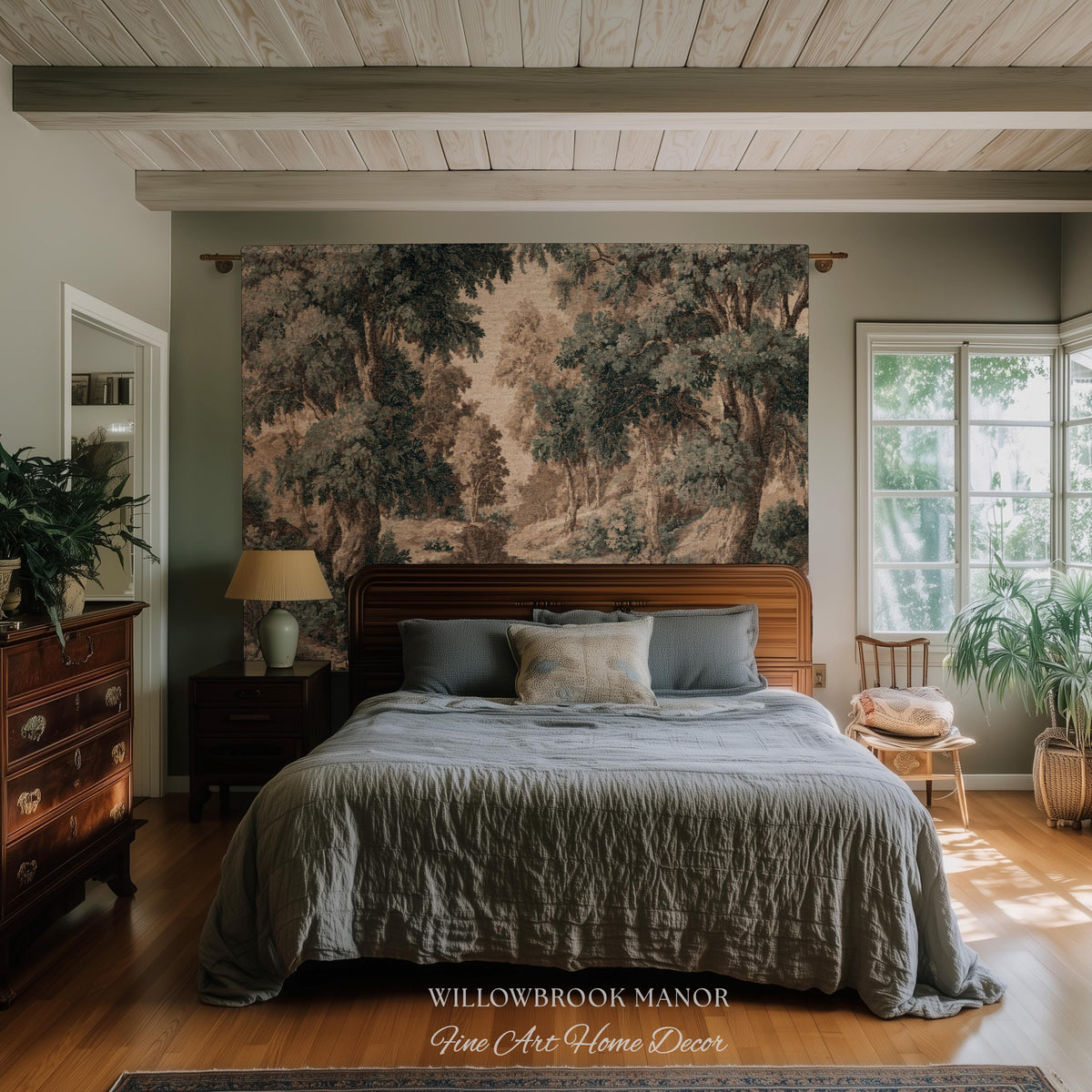 French Verdure Forest Tapestry Woven Wall Hanging Pastoral Landscape Bedroom Art | Romantic European Woodland Heritage Textile Cotton Throw