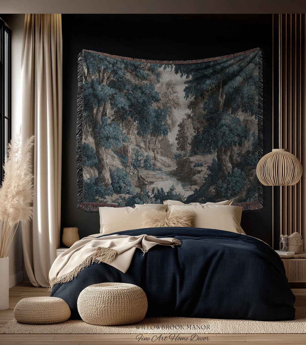 Moody Landscape Verdure Woven Blanket Forest River Tapestry Decor | Indigo Botanical Woodland Throw Cottagecore Nature Rustic Blue Wall Art