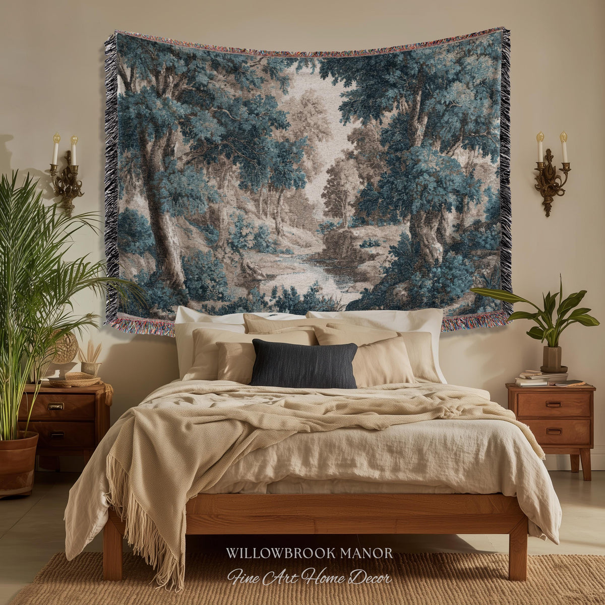 Moody Landscape Verdure Woven Blanket Forest River Tapestry Decor | Indigo Botanical Woodland Throw Cottagecore Nature Rustic Blue Wall Art