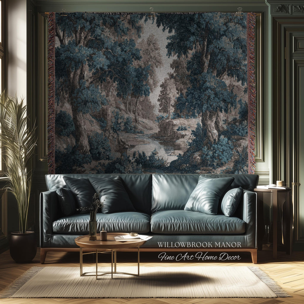 Moody Landscape Verdure Woven Blanket Forest River Tapestry Decor | Indigo Botanical Woodland Throw Cottagecore Nature Rustic Blue Wall Art