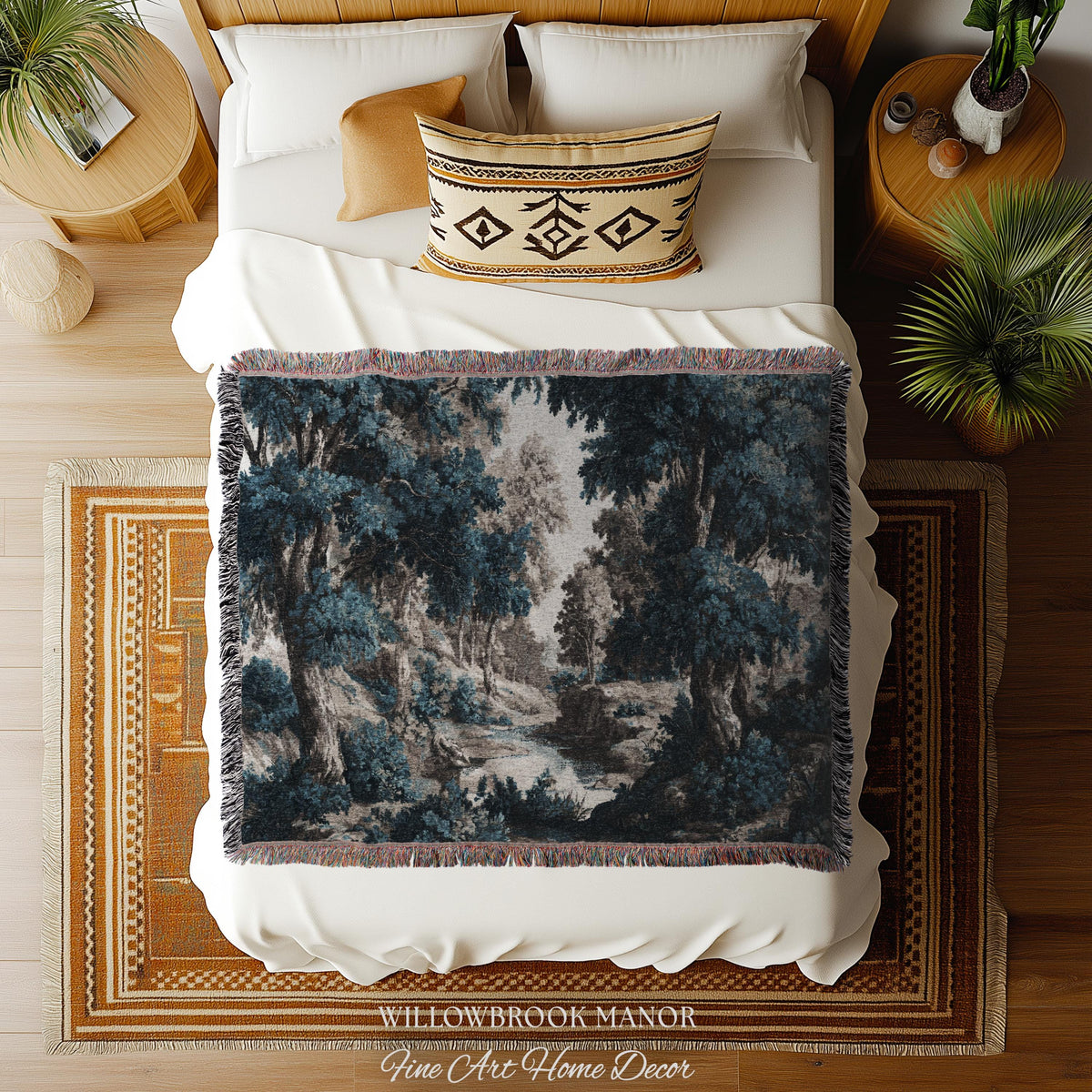 Moody Landscape Verdure Woven Blanket Forest River Tapestry Decor | Indigo Botanical Woodland Throw Cottagecore Nature Rustic Blue Wall Art