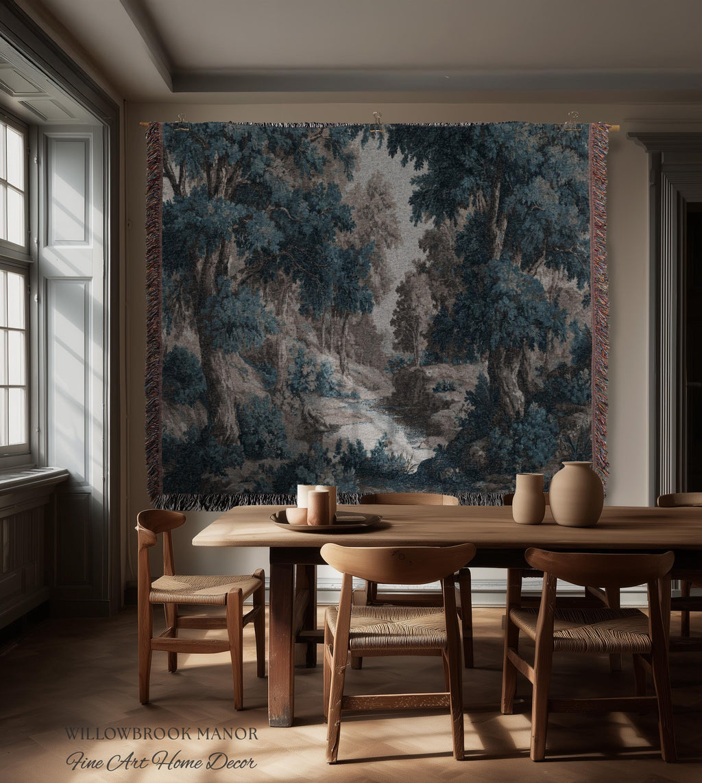 Moody Landscape Verdure Woven Blanket Forest River Tapestry Decor | Indigo Botanical Woodland Throw Cottagecore Nature Rustic Blue Wall Art