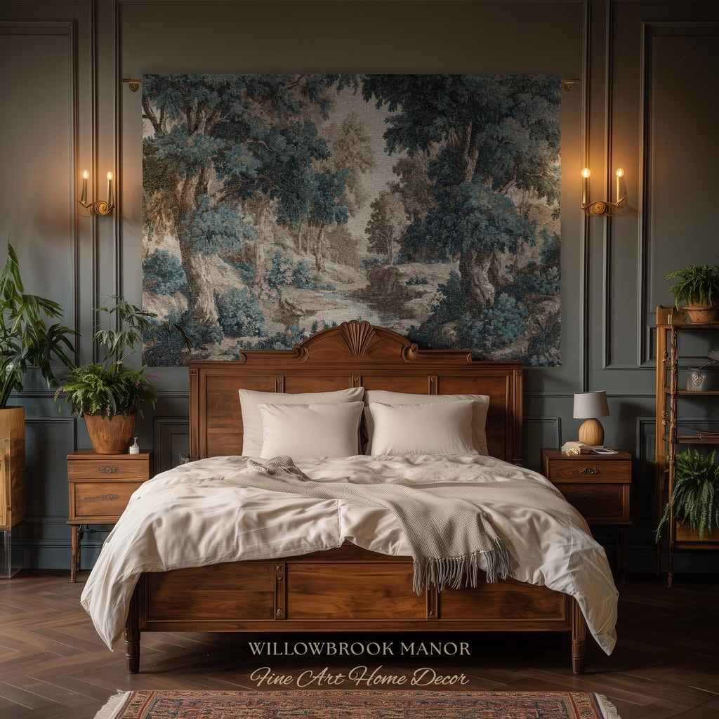 Moody Landscape Verdure Woven Blanket Forest River Tapestry Decor | Indigo Botanical Woodland Throw Cottagecore Nature Rustic Blue Wall Art