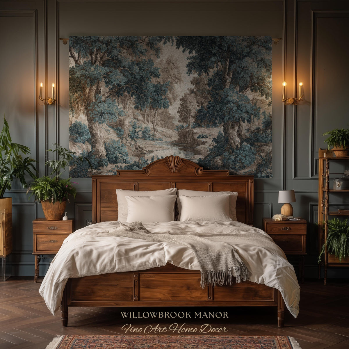 Moody Landscape Verdure Woven Blanket Forest River Tapestry Decor | Indigo Botanical Woodland Throw Cottagecore Nature Rustic Blue Wall Art