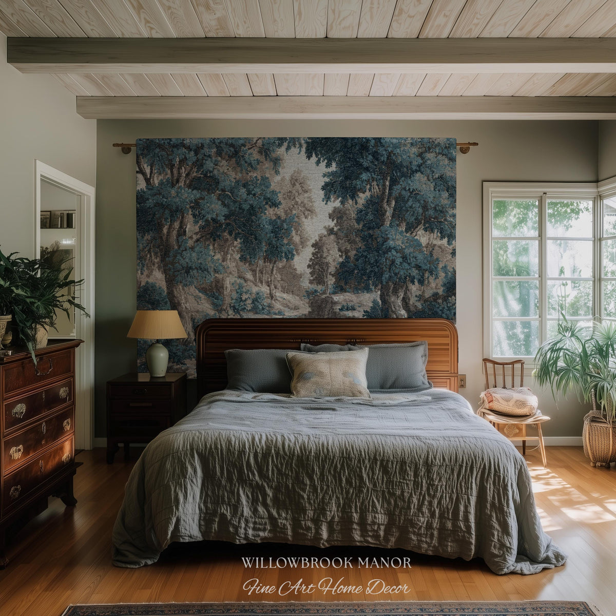 Moody Landscape Verdure Woven Blanket Forest River Tapestry Decor | Indigo Botanical Woodland Throw Cottagecore Nature Rustic Blue Wall Art