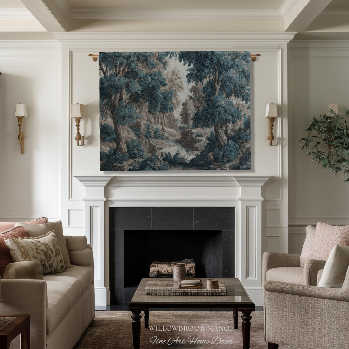 Moody Landscape Verdure Woven Blanket Forest River Tapestry Decor | Indigo Botanical Woodland Throw Cottagecore Nature Rustic Blue Wall Art