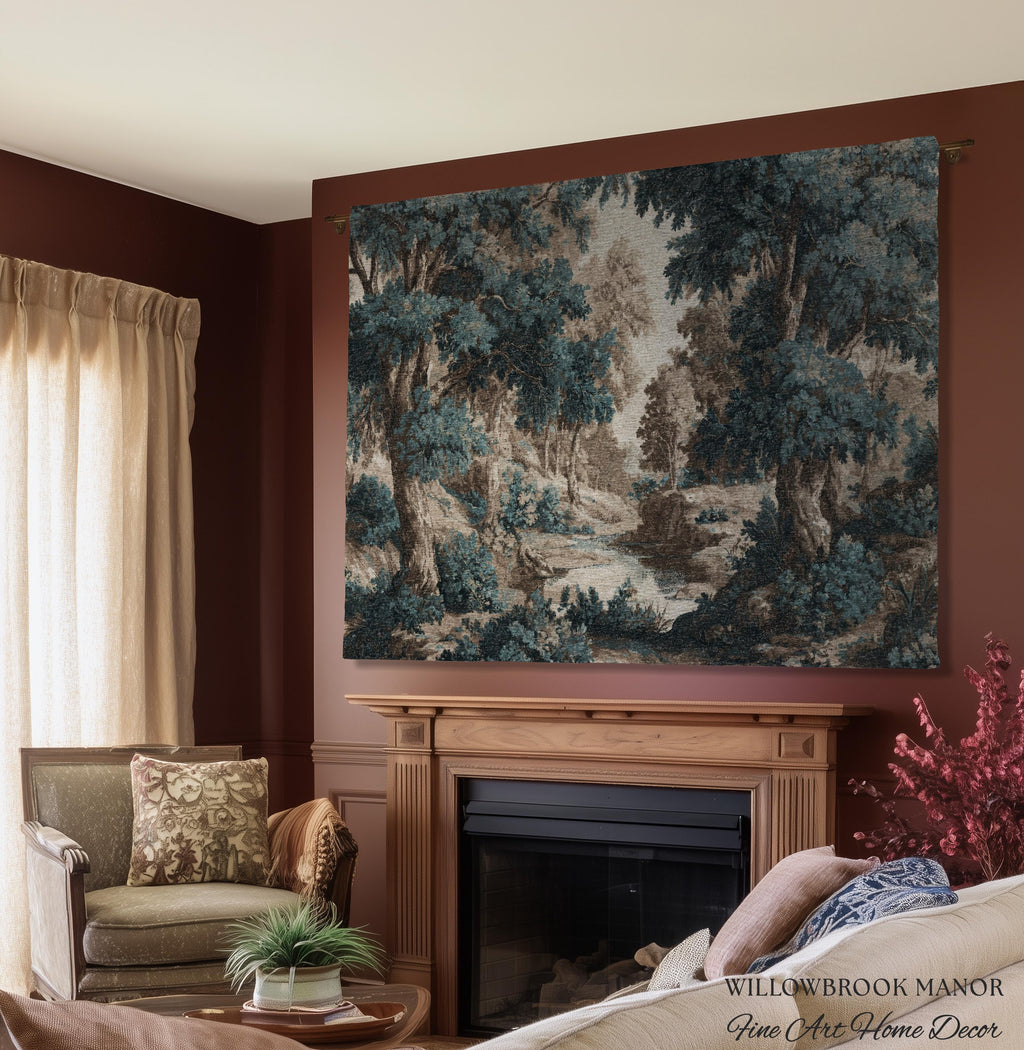 Moody Landscape Verdure Woven Blanket Forest River Tapestry Decor | Indigo Botanical Woodland Throw Cottagecore Nature Rustic Blue Wall Art