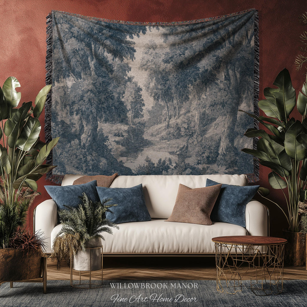 Toile Style Countryside Romantic Wall Art, Jacquard Woven Tapestry Monochrome Vintage Scenery Heritage Textile Smoky Blue Old World European