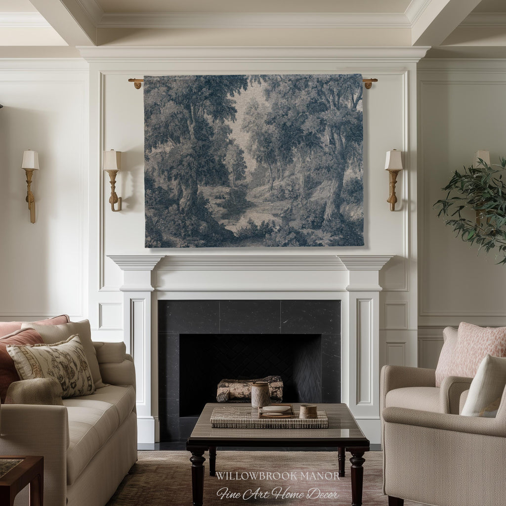 Toile Style Countryside Romantic Wall Art, Jacquard Woven Tapestry Monochrome Vintage Scenery Heritage Textile Smoky Blue Old World European