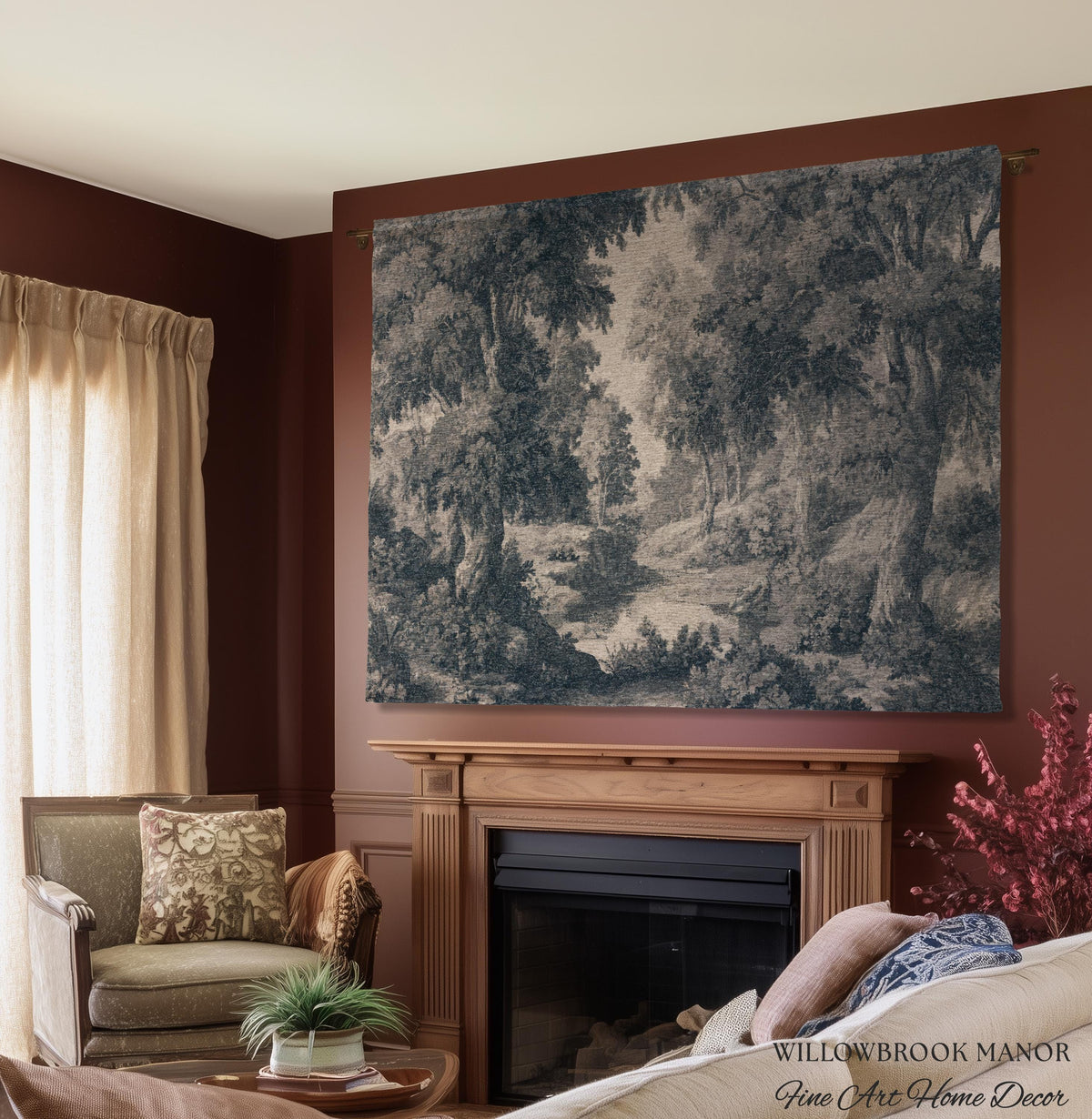 Toile Style Countryside Romantic Wall Art, Jacquard Woven Tapestry Monochrome Vintage Scenery Heritage Textile Smoky Blue Old World European