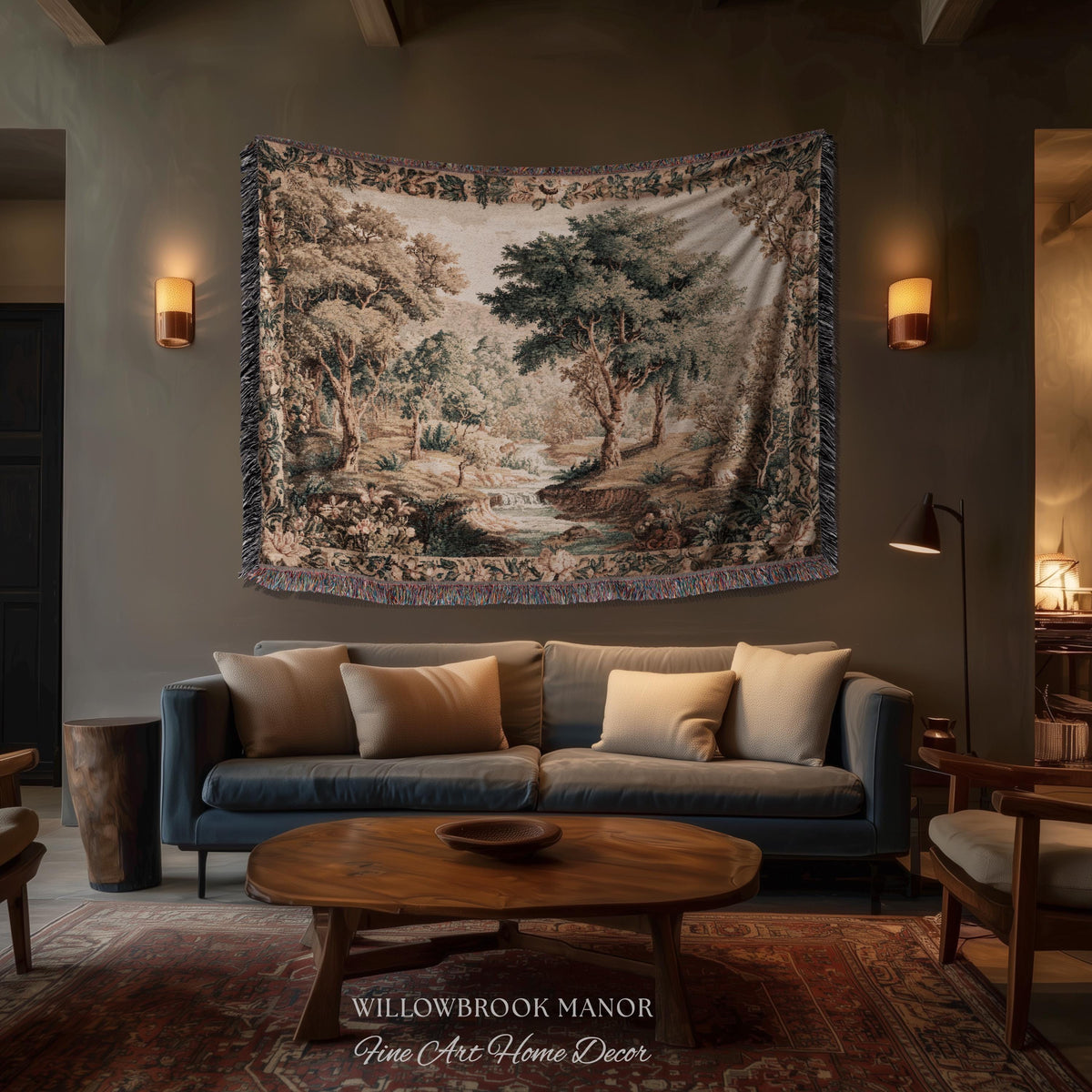 Aubusson Style Verdure Tapestry Tranquil River Scenic Wall Decor Art | European Pastoral Landscape Heirloom Blanket Woven Throw Nature Scene