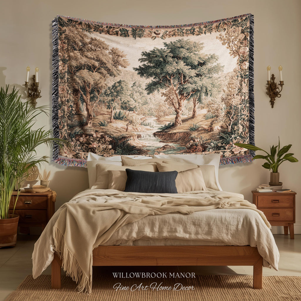 Aubusson Style Verdure Tapestry Tranquil River Scenic Wall Decor Art | European Pastoral Landscape Heirloom Blanket Woven Throw Nature Scene