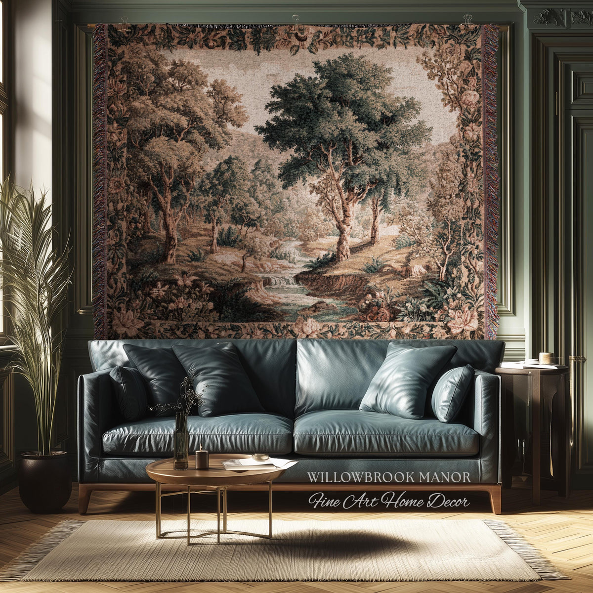 Aubusson Style Verdure Tapestry Tranquil River Scenic Wall Decor Art | European Pastoral Landscape Heirloom Blanket Woven Throw Nature Scene