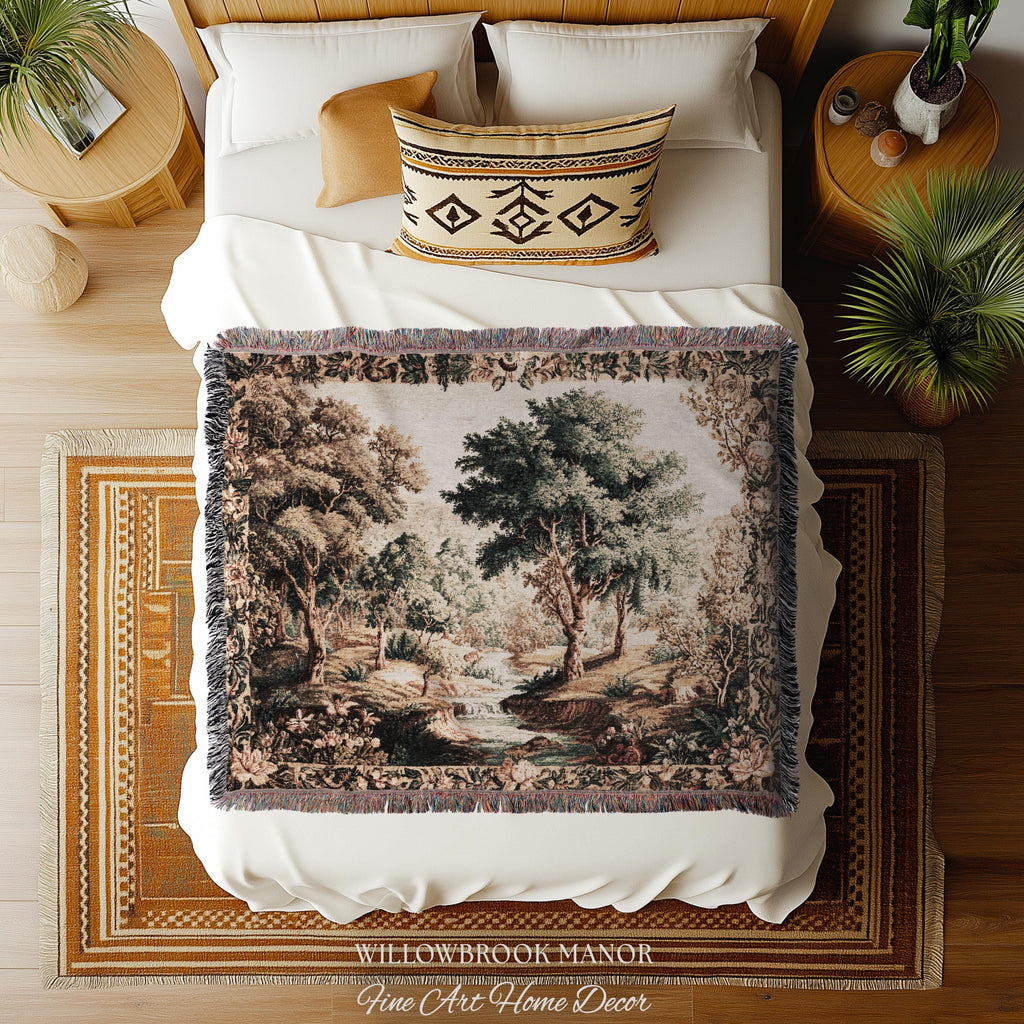 Aubusson Style Verdure Tapestry Tranquil River Scenic Wall Decor Art | European Pastoral Landscape Heirloom Blanket Woven Throw Nature Scene