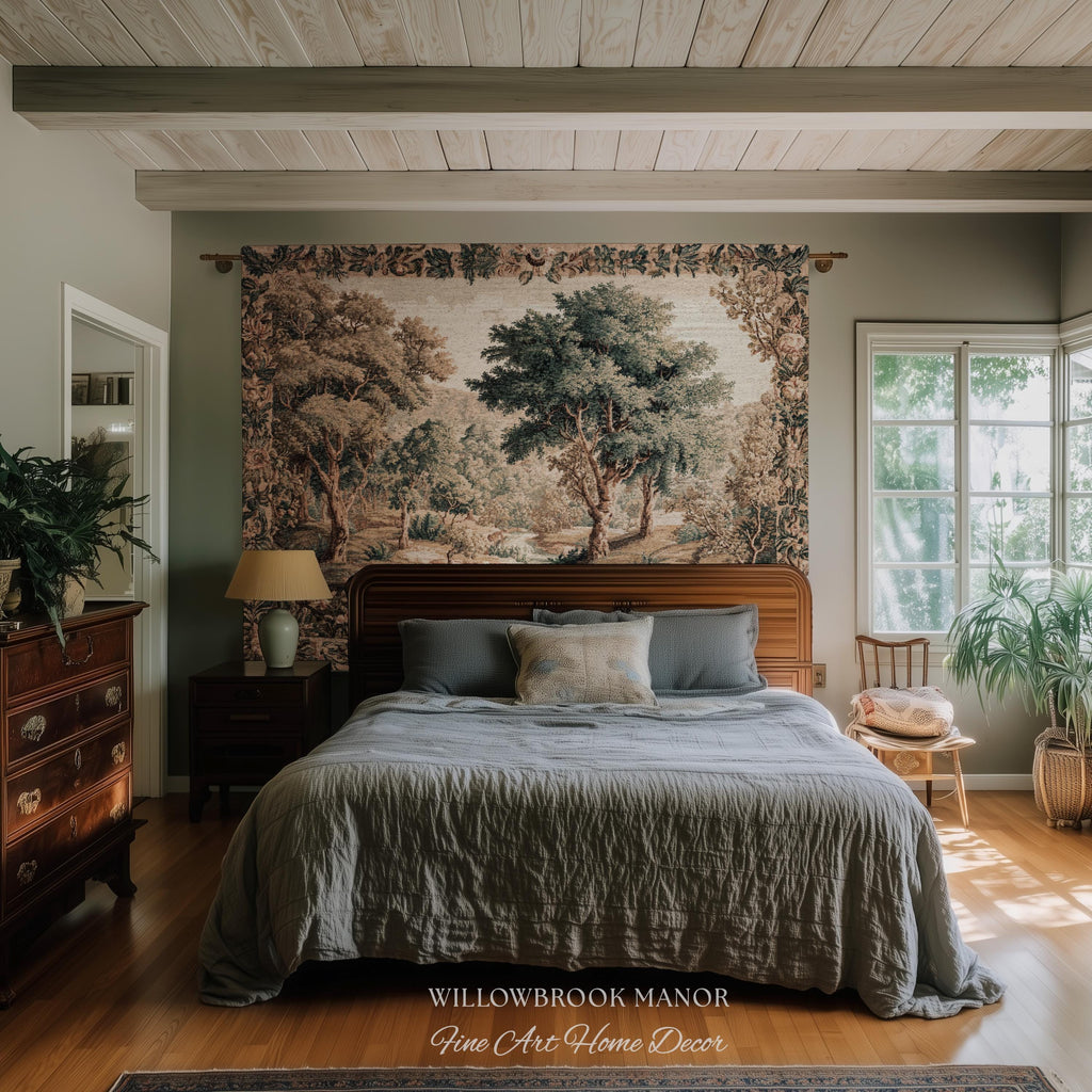 Aubusson Style Verdure Tapestry Tranquil River Scenic Wall Decor Art | European Pastoral Landscape Heirloom Blanket Woven Throw Nature Scene