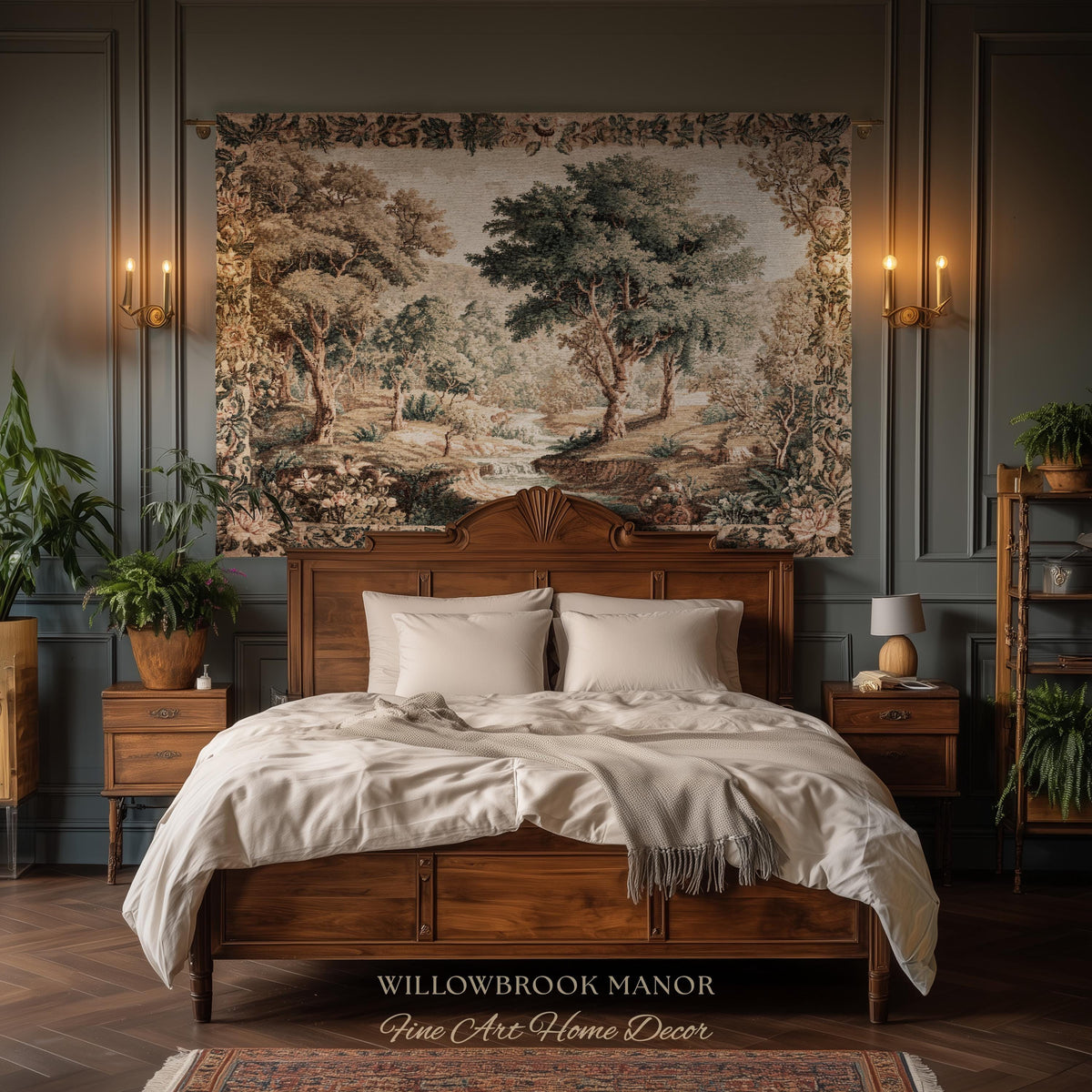 Aubusson Style Verdure Tapestry Tranquil River Scenic Wall Decor Art | European Pastoral Landscape Heirloom Blanket Woven Throw Nature Scene