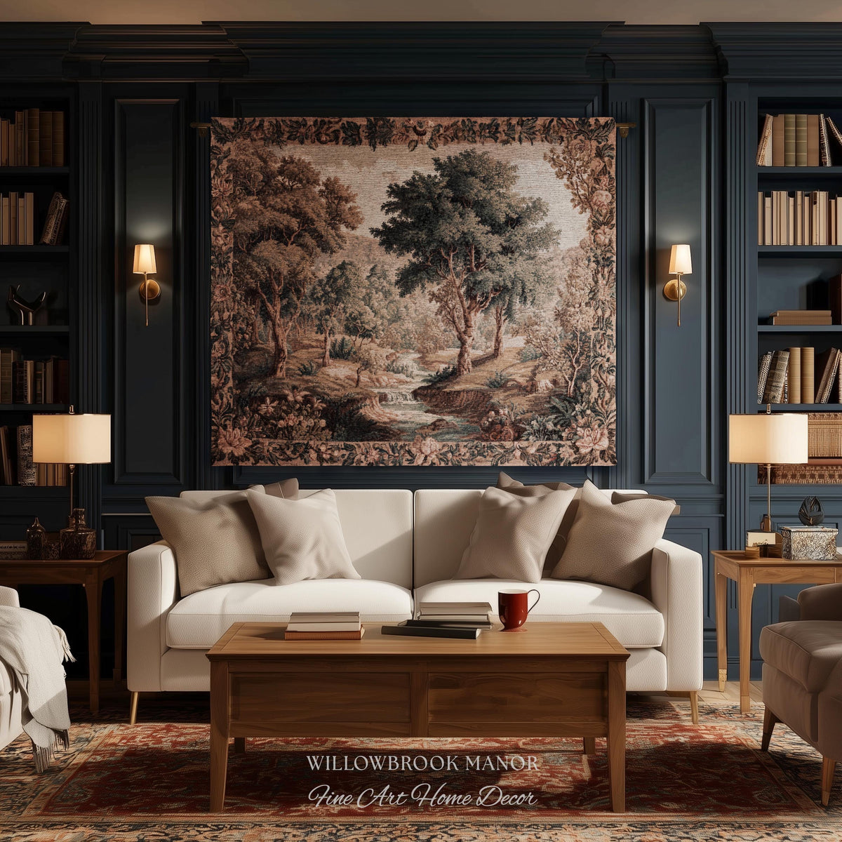Aubusson Style Verdure Tapestry Tranquil River Scenic Wall Decor Art | European Pastoral Landscape Heirloom Blanket Woven Throw Nature Scene