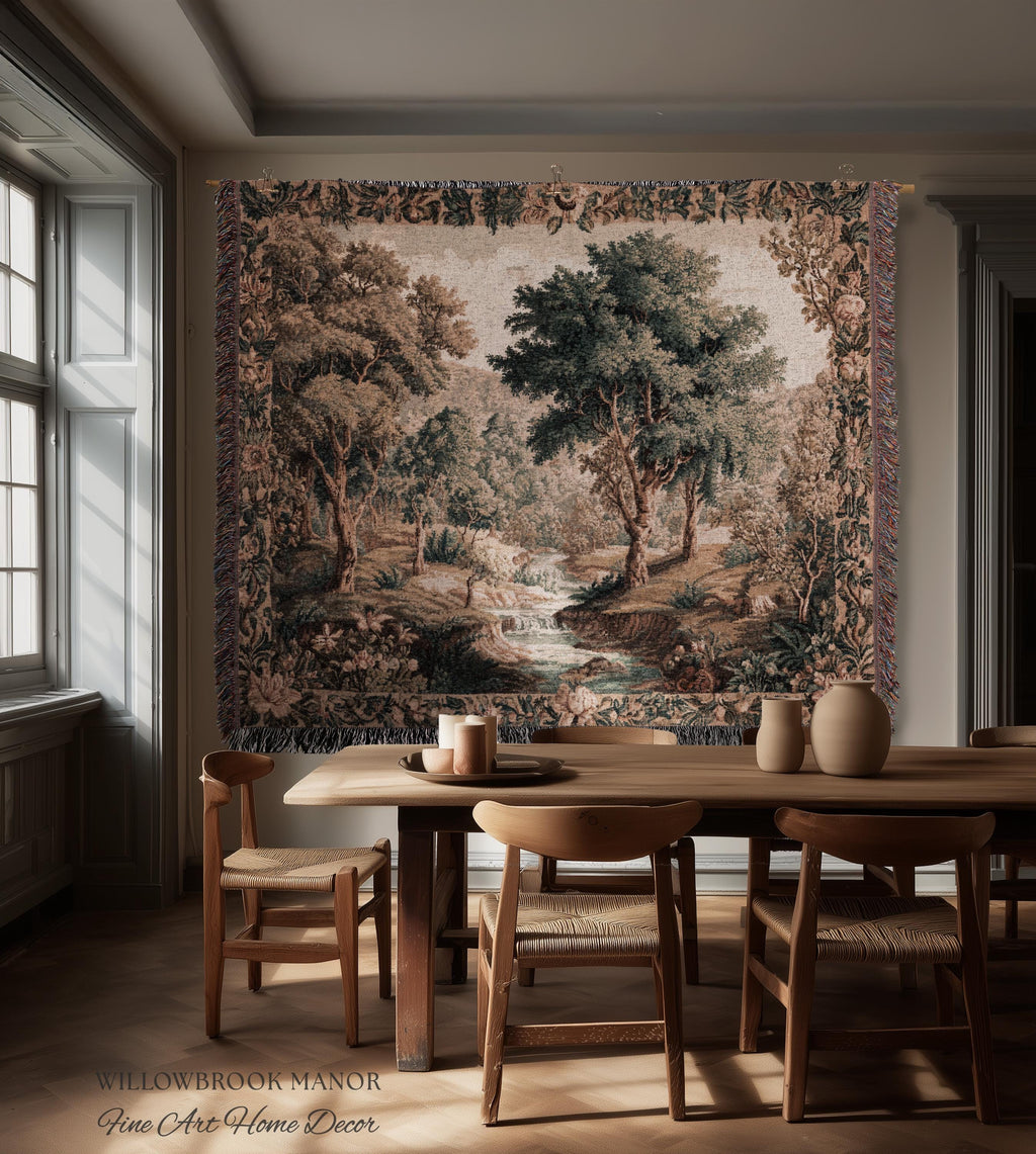 Aubusson Style Verdure Tapestry Tranquil River Scenic Wall Decor Art | European Pastoral Landscape Heirloom Blanket Woven Throw Nature Scene