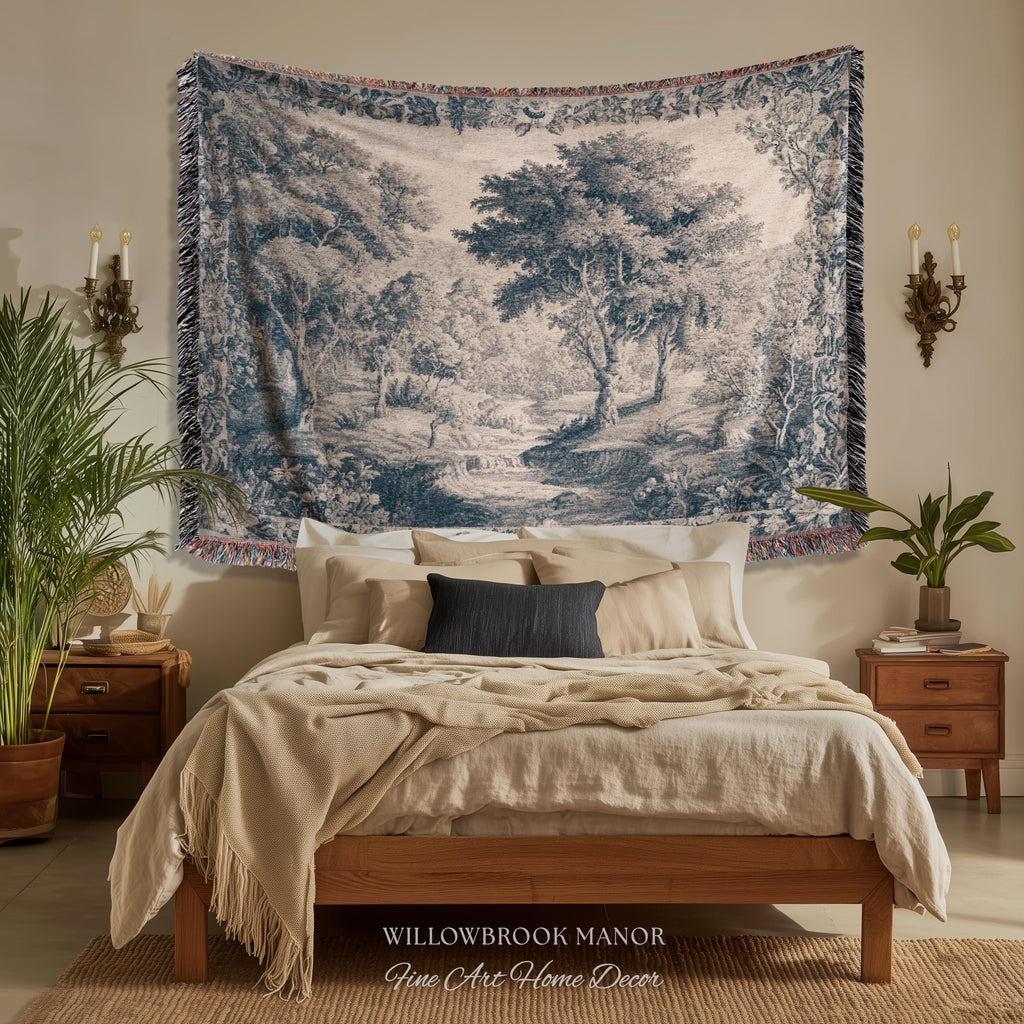 Blue Gray Toile Style Landscape Tapestry, Traditional French Pastoral European Storybook Verdure Tree Grandmillenial Woven Jacquard Wall Art