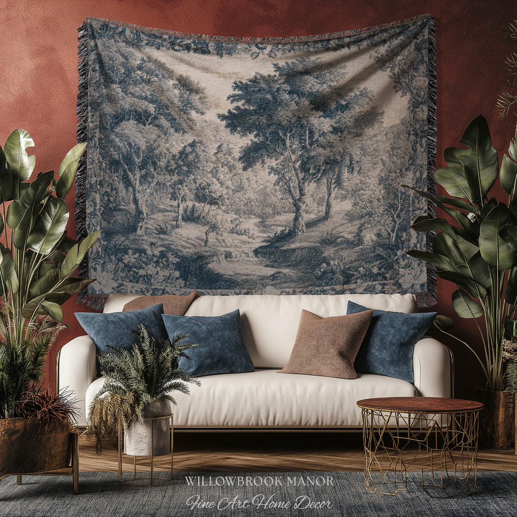 Blue Gray Toile Style Landscape Tapestry, Traditional French Pastoral European Storybook Verdure Tree Grandmillenial Woven Jacquard Wall Art