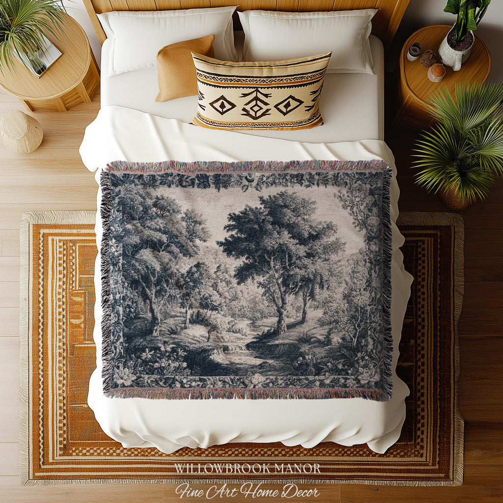 Blue Gray Toile Style Landscape Tapestry, Traditional French Pastoral European Storybook Verdure Tree Grandmillenial Woven Jacquard Wall Art