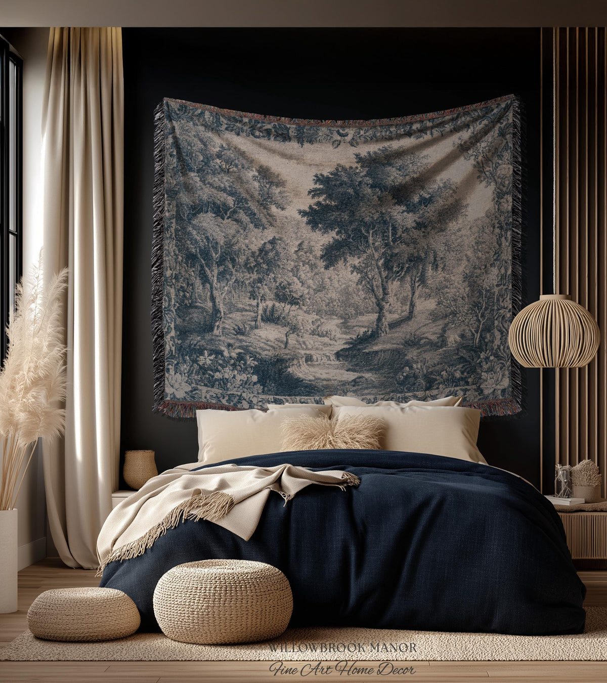 Blue Gray Toile Style Landscape Tapestry, Traditional French Pastoral European Storybook Verdure Tree Grandmillenial Woven Jacquard Wall Art