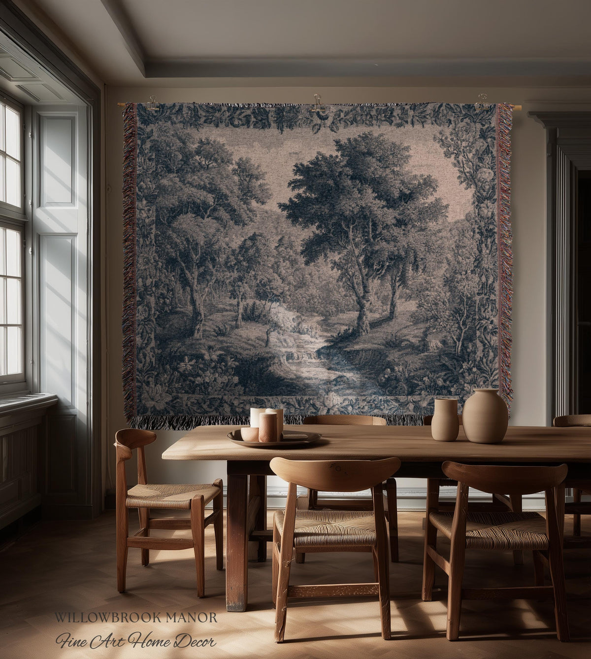 Blue Gray Toile Style Landscape Tapestry, Traditional French Pastoral European Storybook Verdure Tree Grandmillenial Woven Jacquard Wall Art