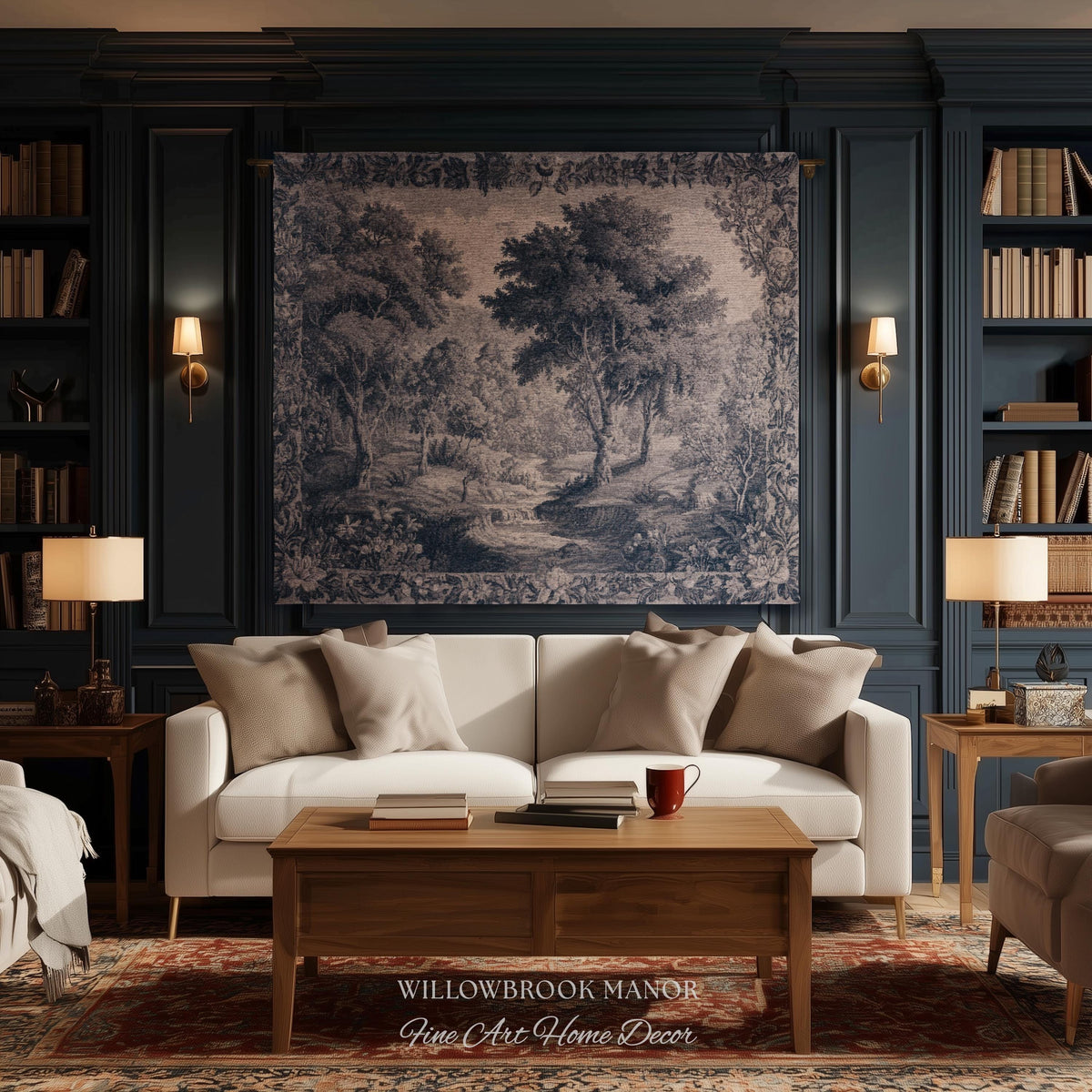 Blue Gray Toile Style Landscape Tapestry, Traditional French Pastoral European Storybook Verdure Tree Grandmillenial Woven Jacquard Wall Art