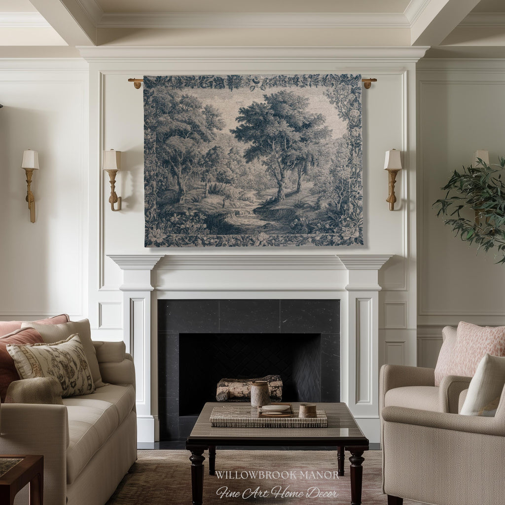 Blue Gray Toile Style Landscape Tapestry, Traditional French Pastoral European Storybook Verdure Tree Grandmillenial Woven Jacquard Wall Art