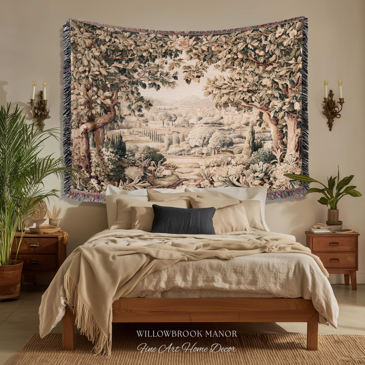 Italian Villa Countryside View Tuscan Landscape Woven Wall Tapestry | Elegant Rustic European Vintage Textile Art Pastoral Orchard Decor