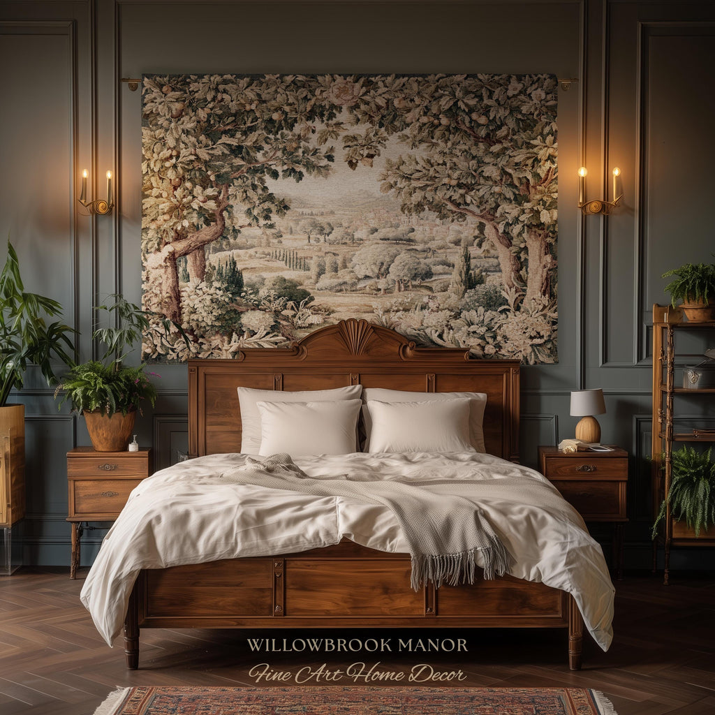 Italian Villa Countryside View Tuscan Landscape Woven Wall Tapestry | Elegant Rustic European Vintage Textile Art Pastoral Orchard Decor