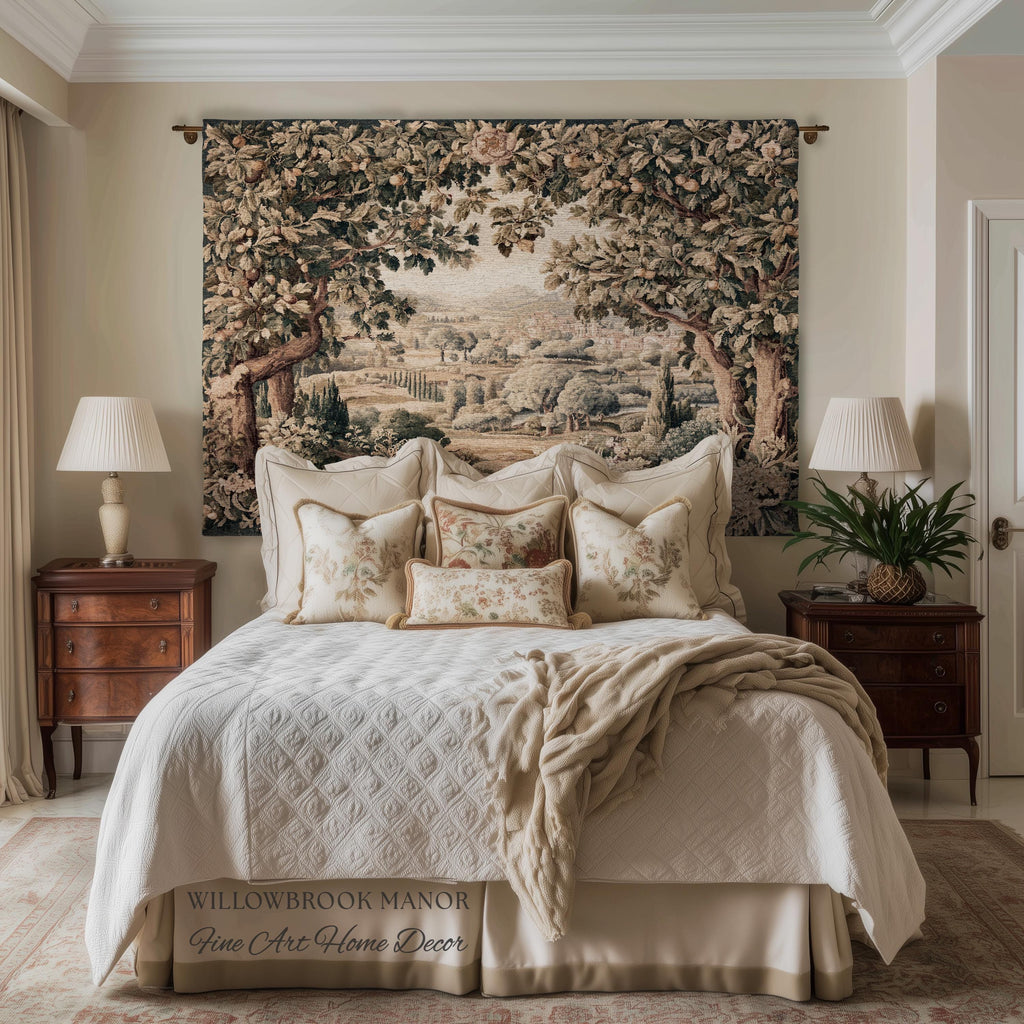 Italian Villa Countryside View Tuscan Landscape Woven Wall Tapestry | Elegant Rustic European Vintage Textile Art Pastoral Orchard Decor