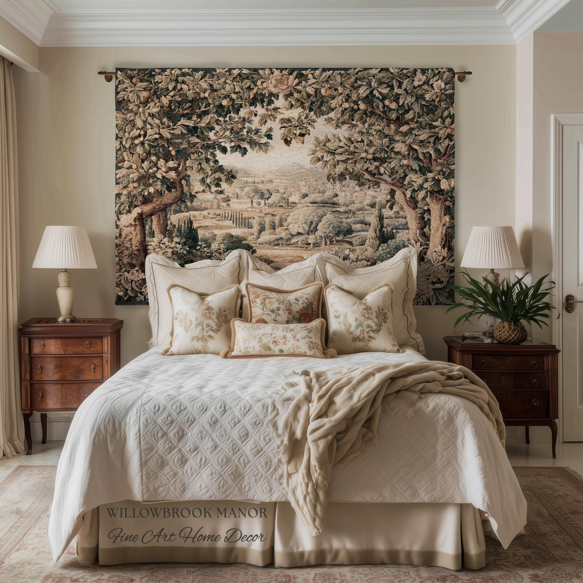 Italian Villa Countryside View Tuscan Landscape Woven Wall Tapestry | Elegant Rustic European Vintage Textile Art Pastoral Orchard Decor