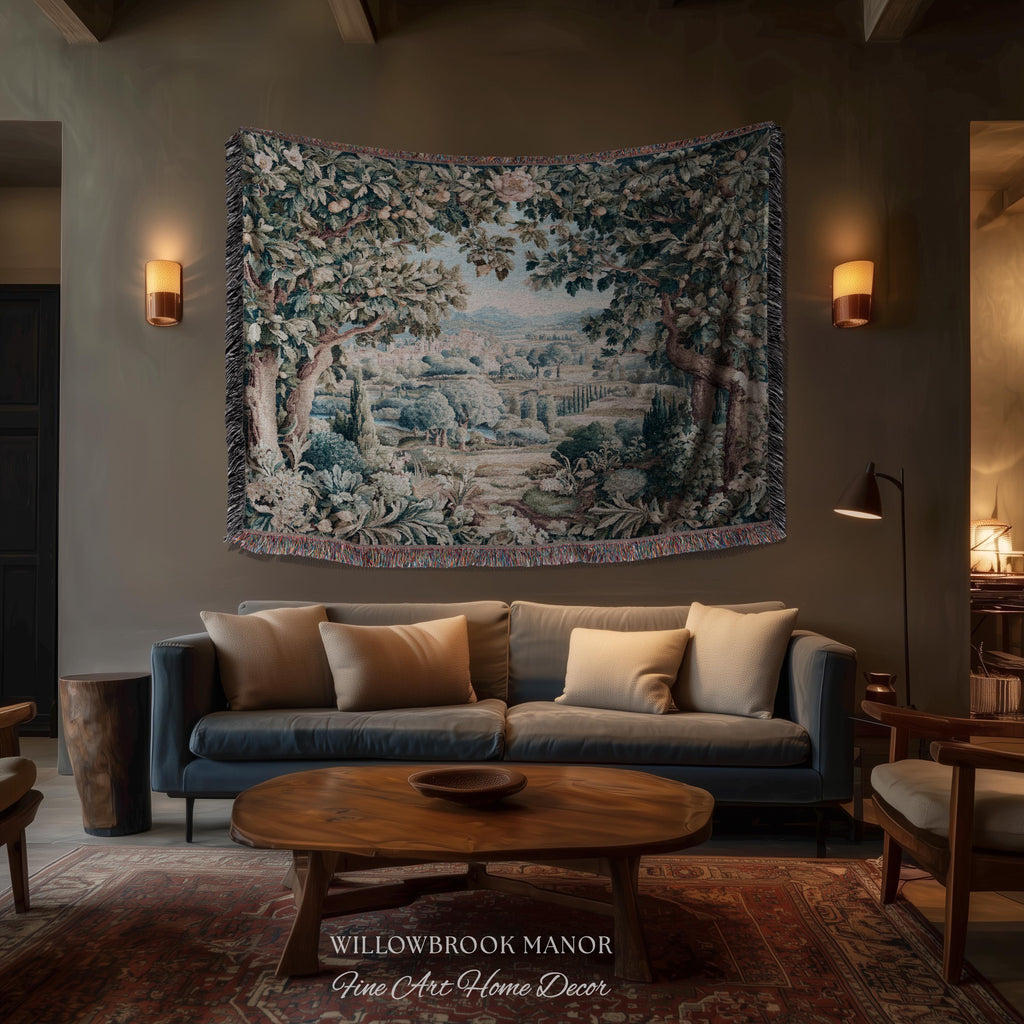 Orchard Landscape Aubusson Woven Tapestry Throw Scenic Views Romantic European Countryside Textile Art | Pastoral Blanket Valley Wall Decor