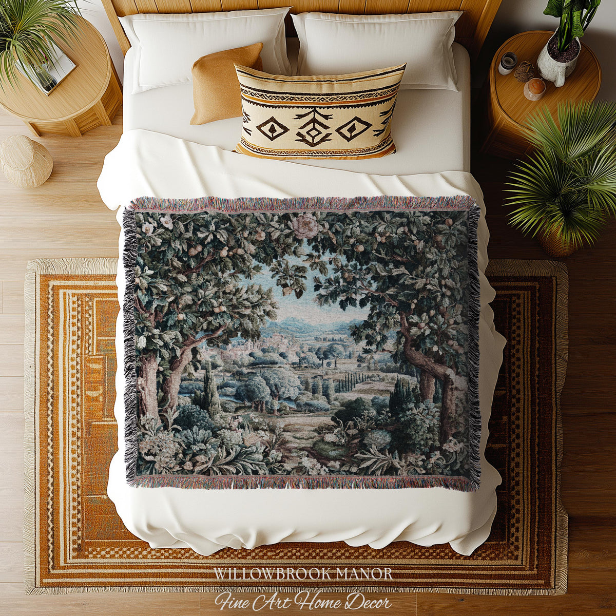 Orchard Landscape Aubusson Woven Tapestry Throw Scenic Views Romantic European Countryside Textile Art | Pastoral Blanket Valley Wall Decor