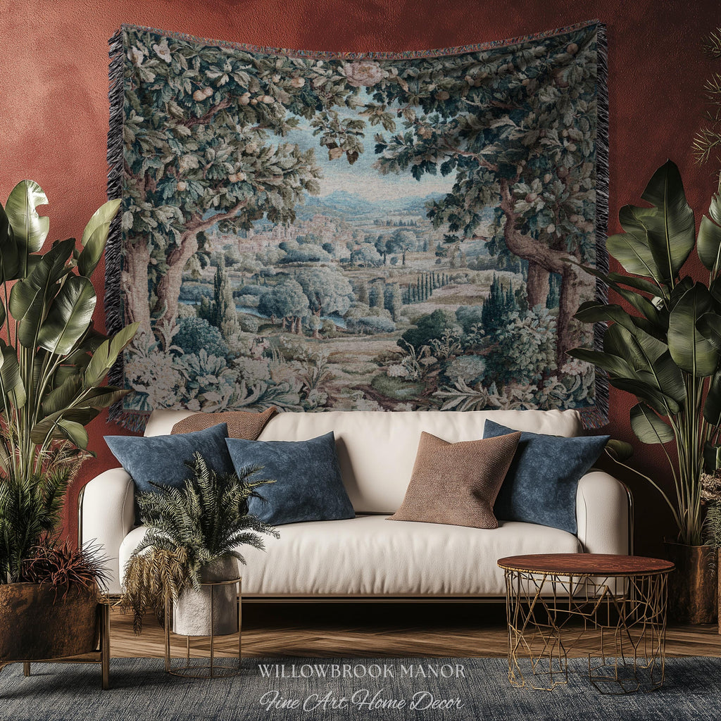 Orchard Landscape Aubusson Woven Tapestry Throw Scenic Views Romantic European Countryside Textile Art | Pastoral Blanket Valley Wall Decor