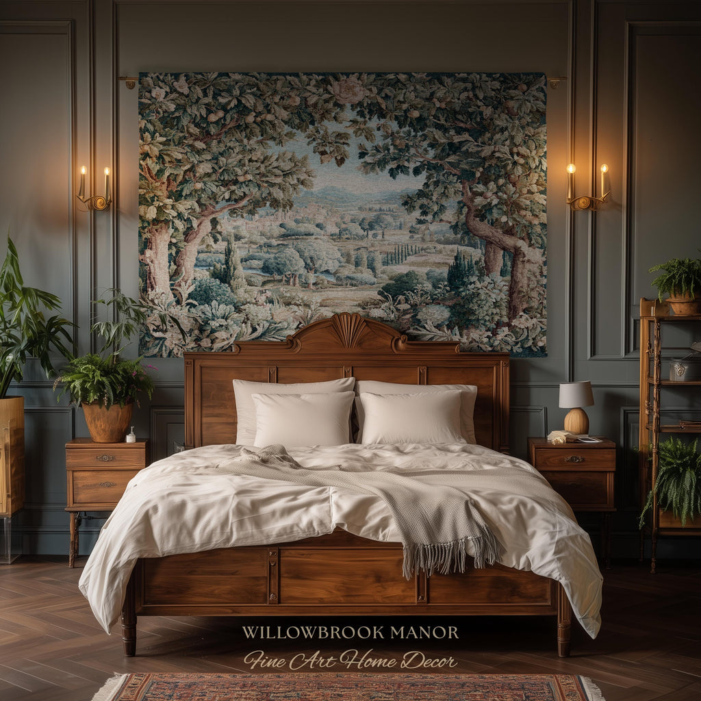 Orchard Landscape Aubusson Woven Tapestry Throw Scenic Views Romantic European Countryside Textile Art | Pastoral Blanket Valley Wall Decor