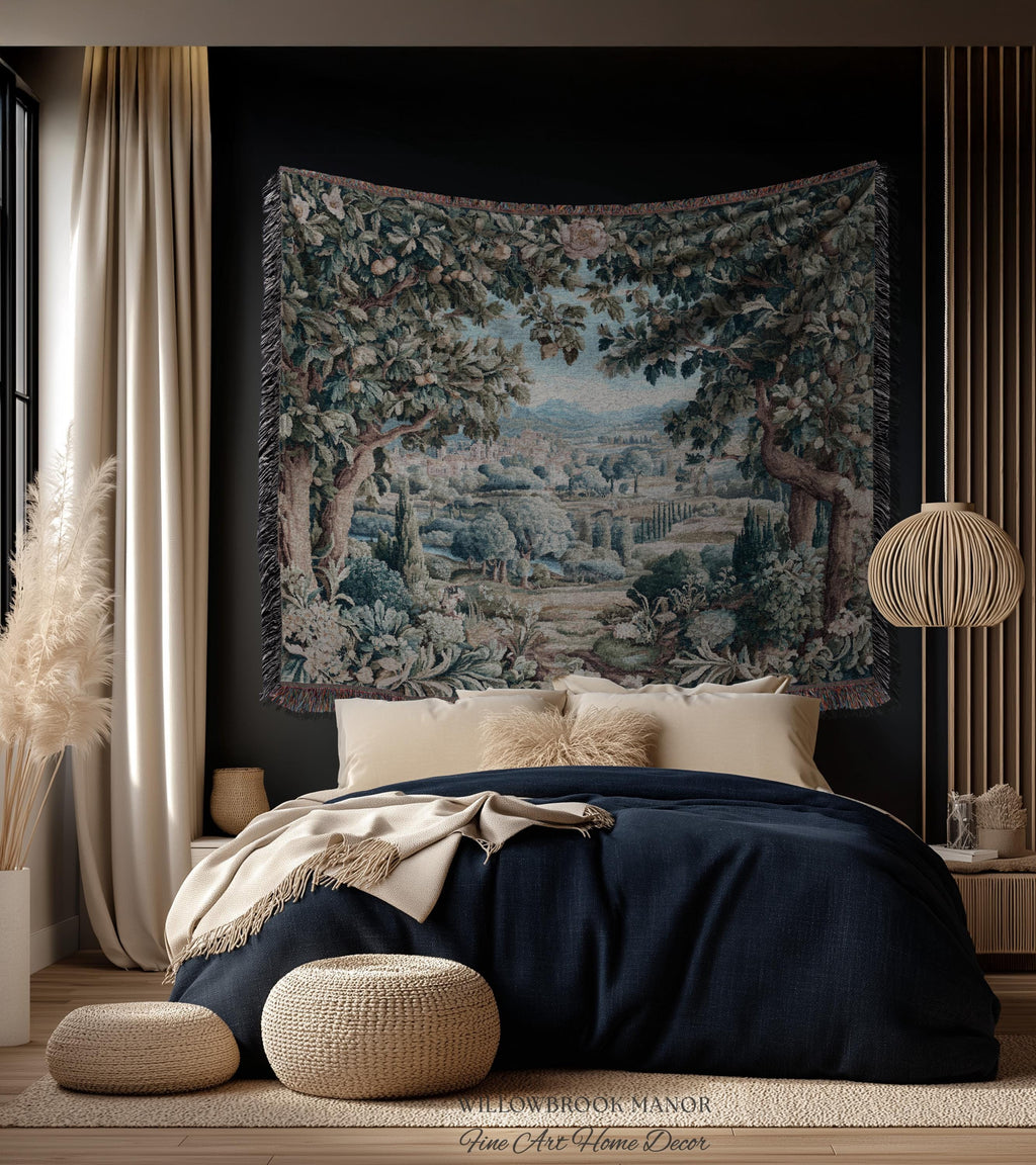 Orchard Landscape Aubusson Woven Tapestry Throw Scenic Views Romantic European Countryside Textile Art | Pastoral Blanket Valley Wall Decor