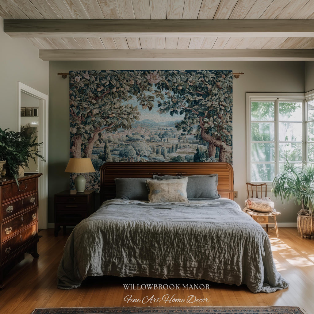 Orchard Landscape Aubusson Woven Tapestry Throw Scenic Views Romantic European Countryside Textile Art | Pastoral Blanket Valley Wall Decor