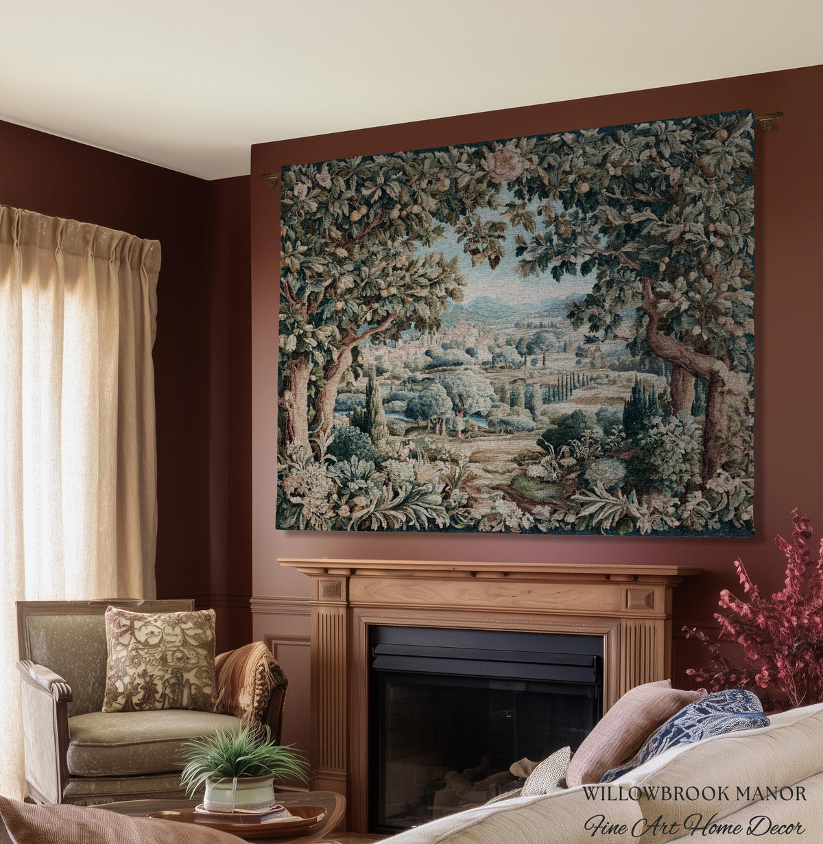 Orchard Landscape Aubusson Woven Tapestry Throw Scenic Views Romantic European Countryside Textile Art | Pastoral Blanket Valley Wall Decor